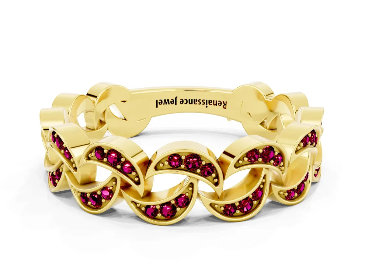 Pavé Round Garnet Interlocking Eternity Band with Bezel Prong Setting Yellow gold