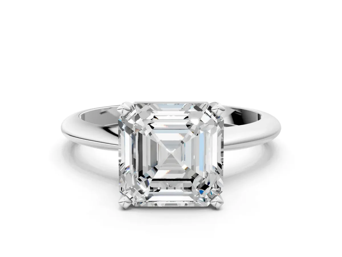 Asscher Cut Cut Solitaire Ring with Four-Prong Setting on a Classic Band Platinum