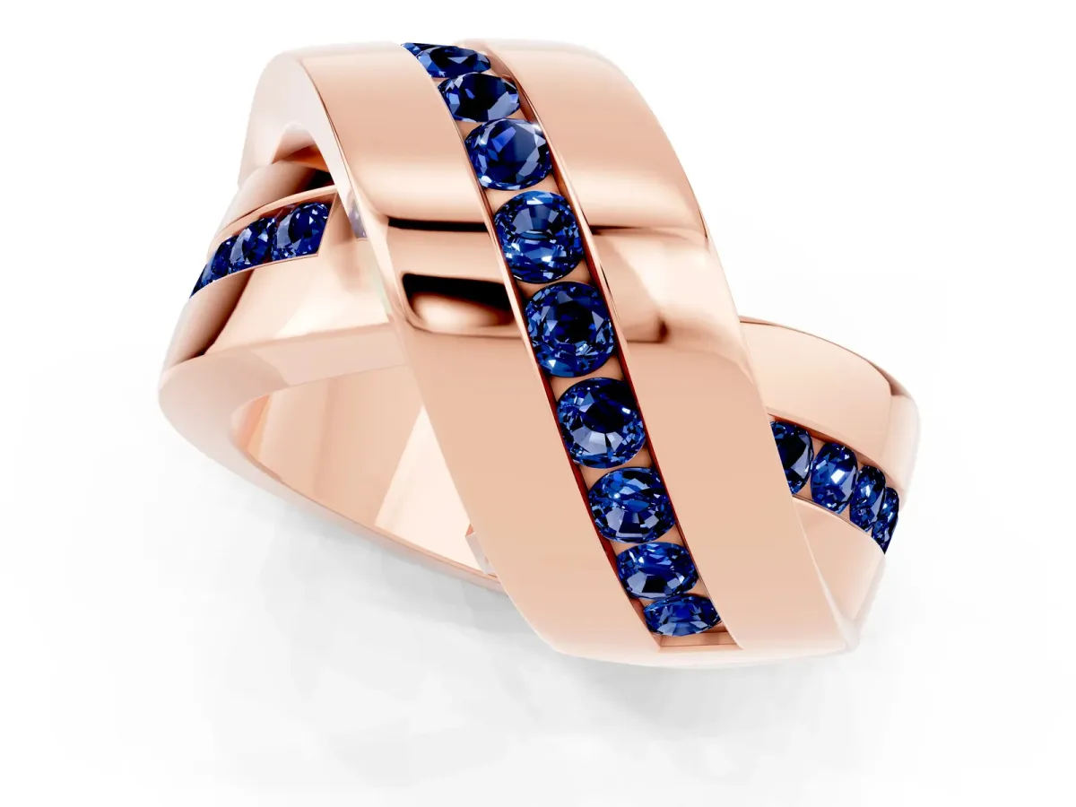 Pavé Round Blue Sapphire Crossover Band with Channel Setting Rose gold