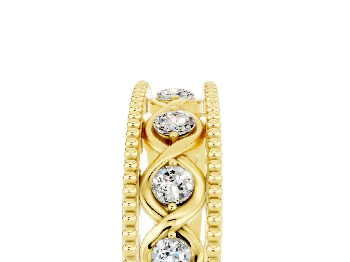Round Moissanite Twist Milgrain Band with Bezel Setting Yellow gold