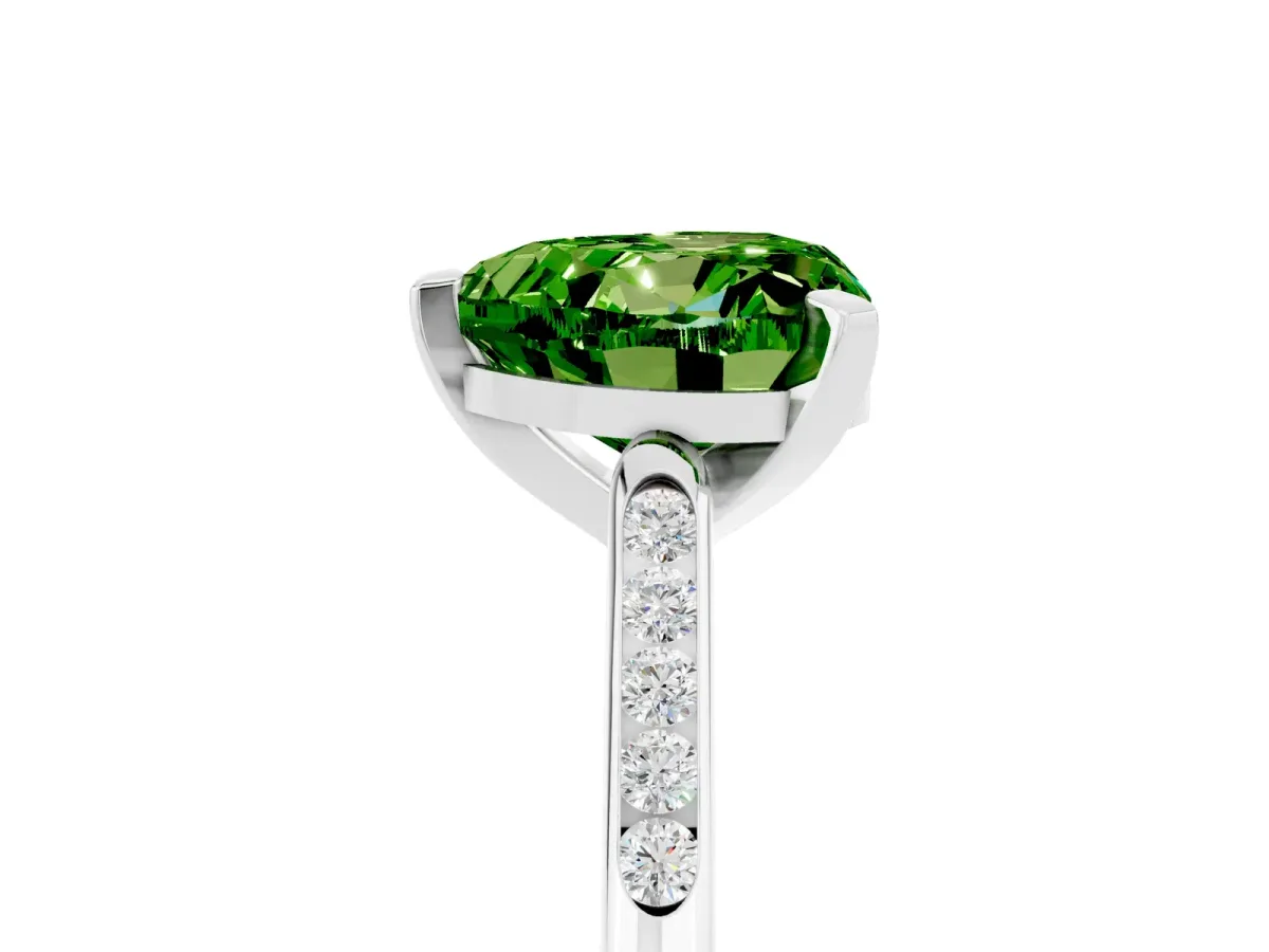 Heart Cut Peridot Solitaire Ring with Channel Set Round Band and Prong Setting Silver