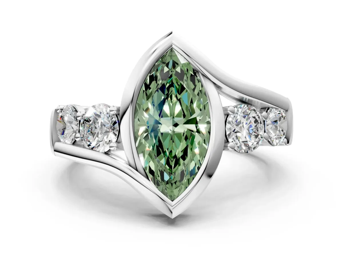 Fancy Green Bezel Set Marquise Cut Diamond Bypass Ring with Round Accents Silver
