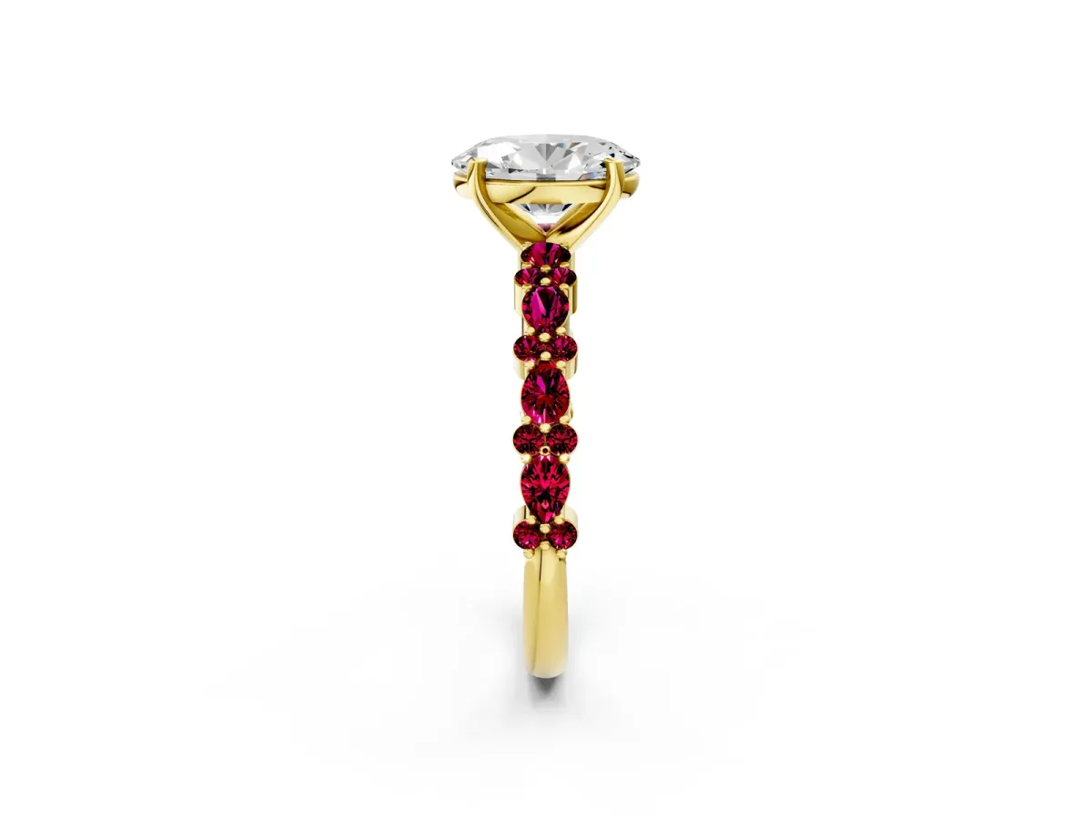 Oval Cut Diamond Side Stone Solitaire Ring with Round Garnet and Four-Prong Setting Yellow gold