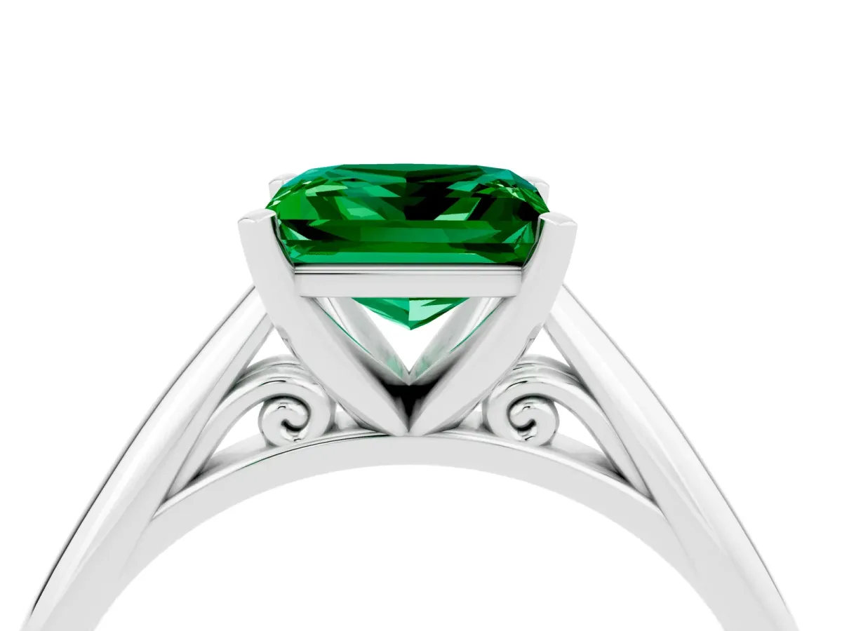 Princess Cut Emerald Solitaire Engagement Ring with Cathedral Setting and Four-Prong Mount White gold