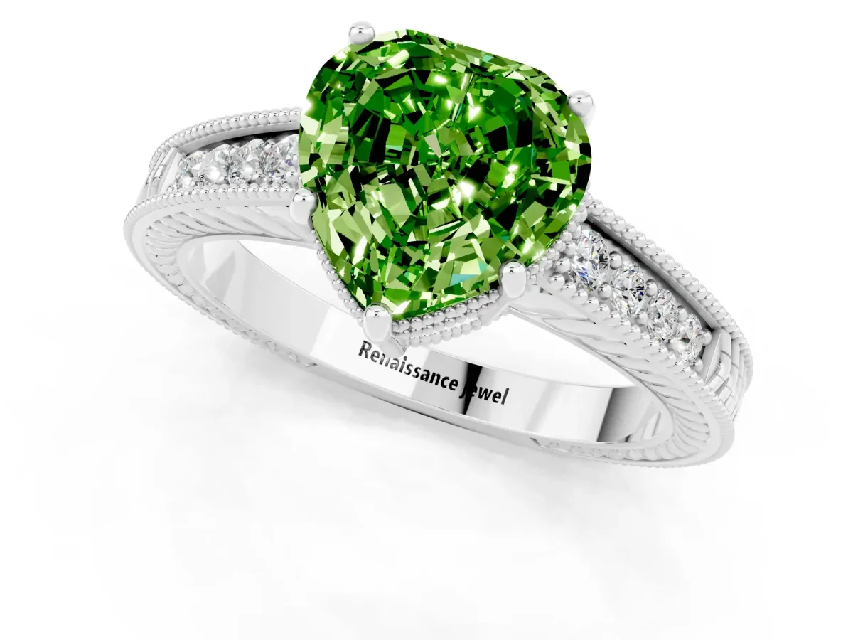 Heart Cut Peridot Ring with Milgrain Pavé Band and Four-Prong Setting Platinum