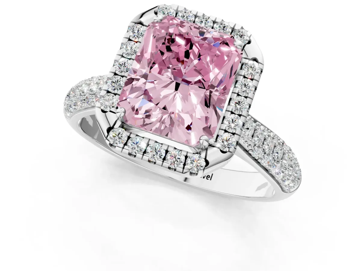 Fancy Pink Radiant Cut Halo Diamond Ring with Pavé Band Platinum