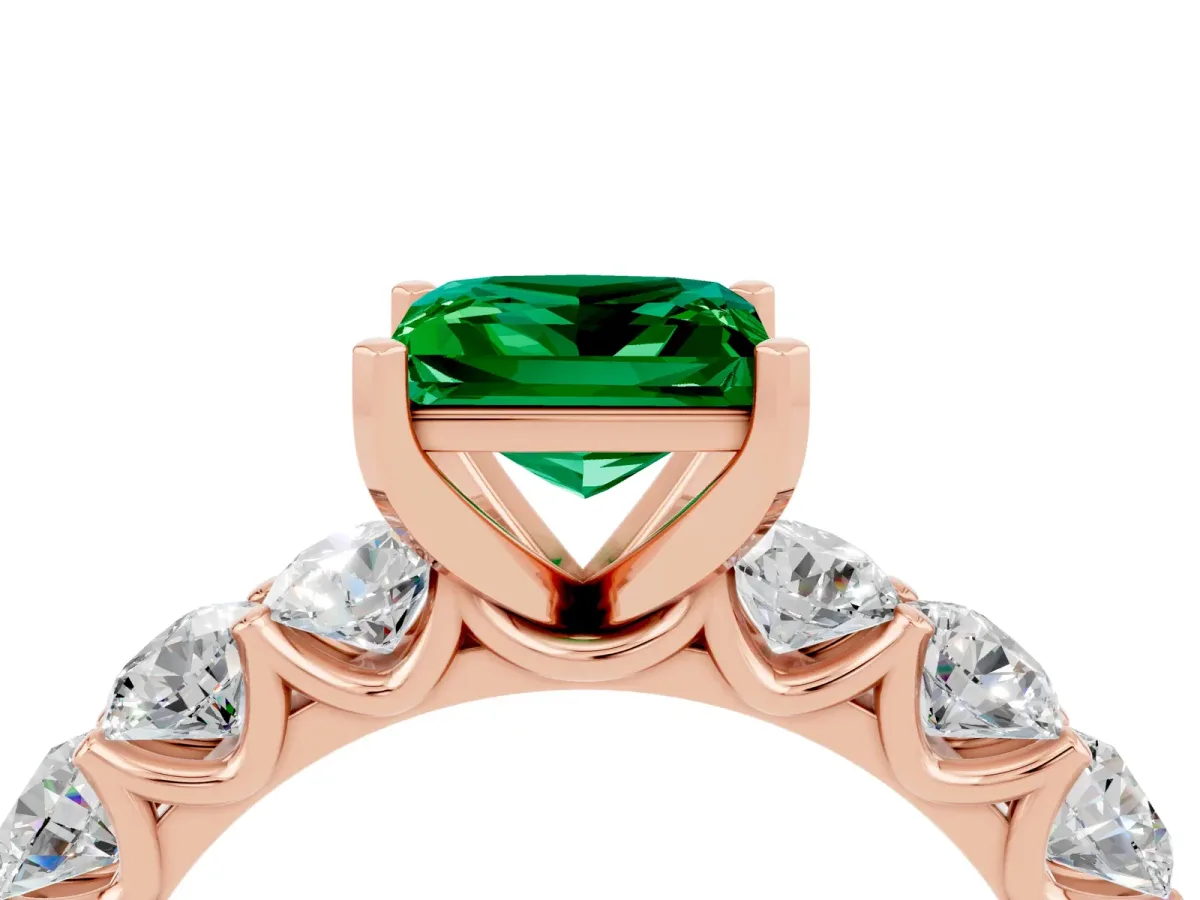 Princess Cut Emerald Prong Setting with Side Stones on a Pave Band Rose gold