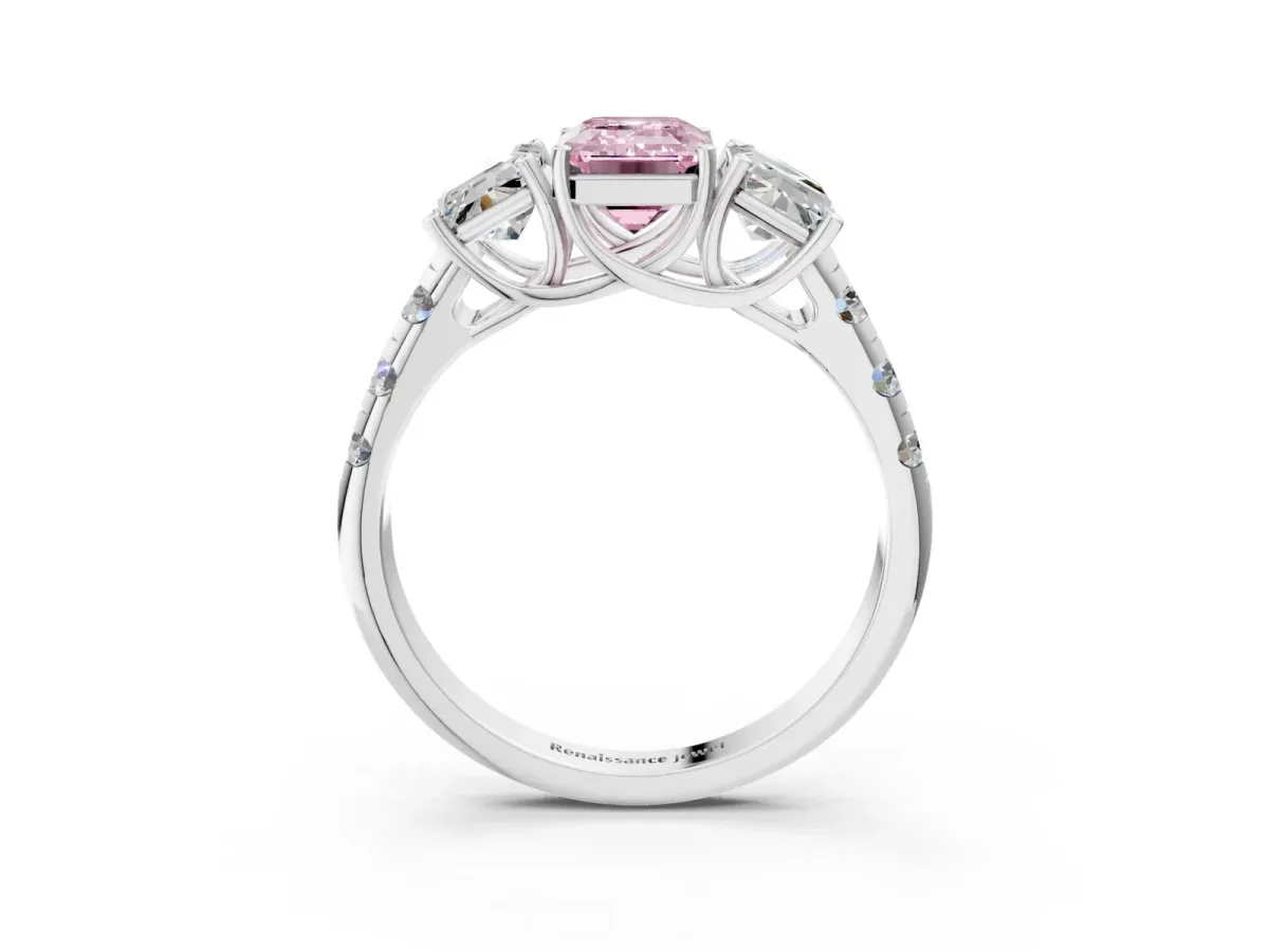 Fancy Pink Three-Stone Emerald Cut Diamond Pavé Band with Prong Setting Platinum