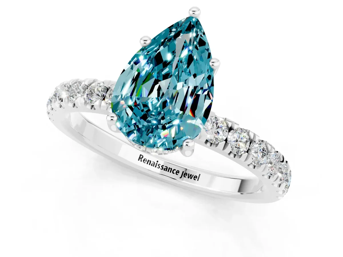 Pear Cut Blue Topaz Pave Band Solitaire Ring with Round and Prong Setting Platinum