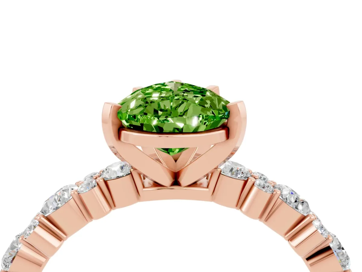Pear Cut Peridot Side Stone Solitaire Ring with Round and Four-Prong Setting Rose gold