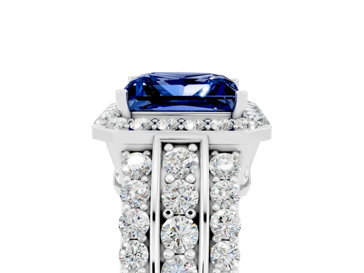 Princess Cut Halo Blue Sapphire Ring with Round Split Shank and Prong Setting Silver