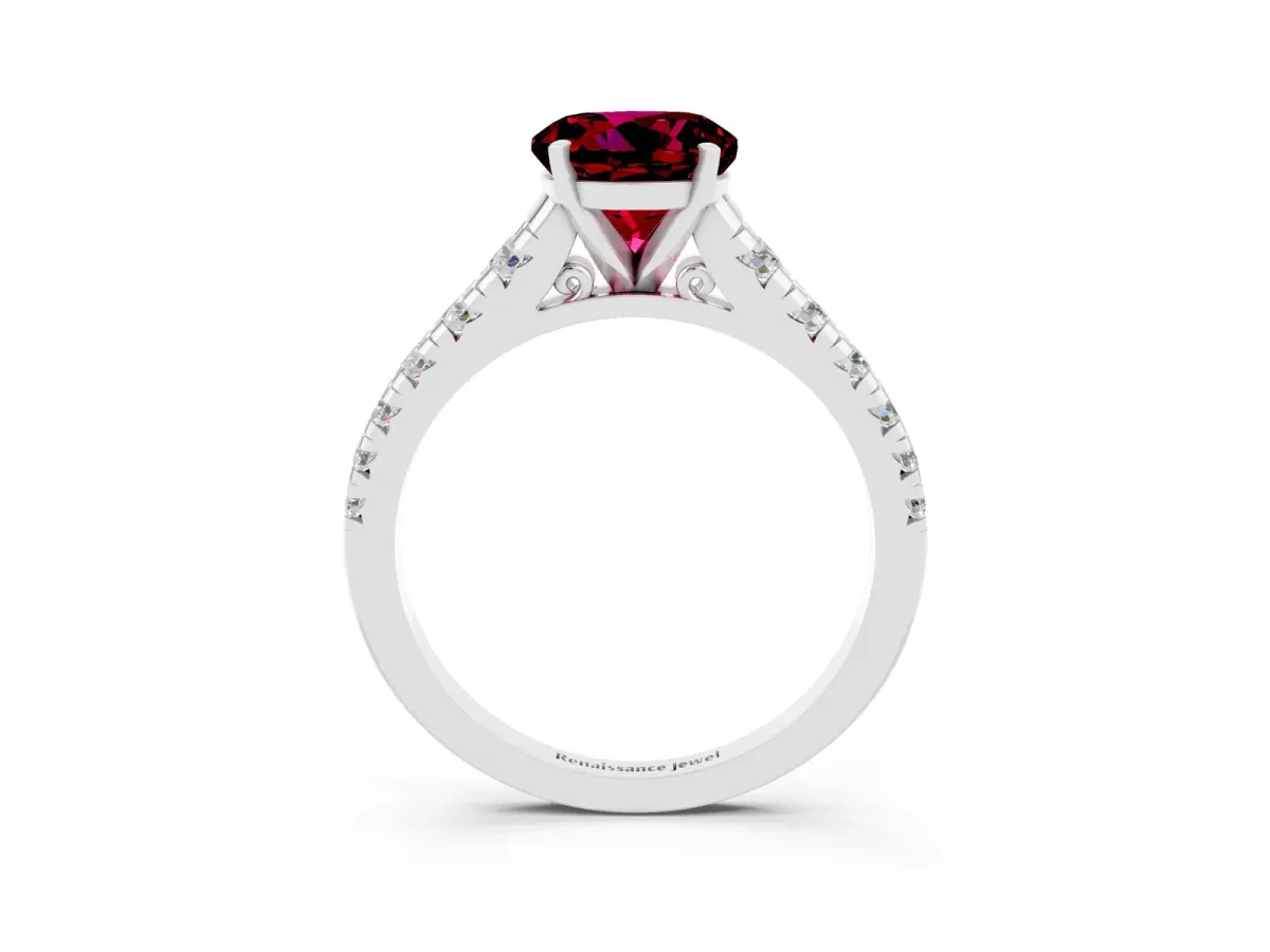 Round Cut Garnet Cathedral Solitaire Ring with Round Pavé Band Silver
