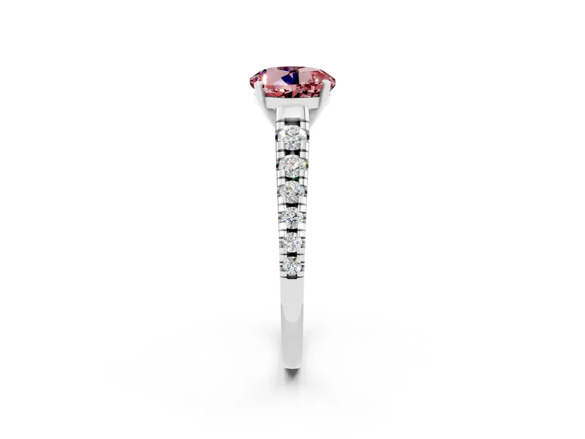 Round Cut Morganite Cathedral Solitaire Ring with Round Pavé Band Platinum