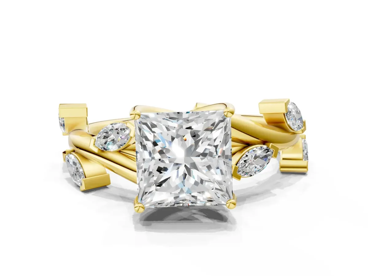 Princess Cut Solitaire Twisted Band Marquise Accent Prong Setting Ring Yellow gold