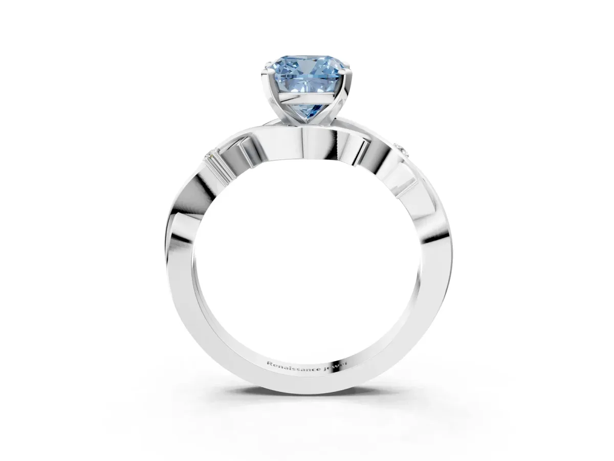 Fancy Blue Cushion Cut Diamond Solitaire Ring with Twisted Band and Prong Setting Platinum