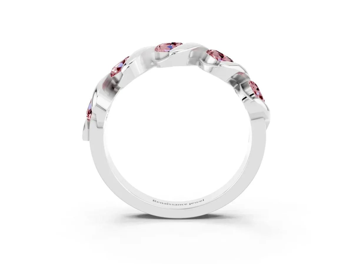 Round Morganite Wave Band with Channel Setting and Shared Prongs White gold
