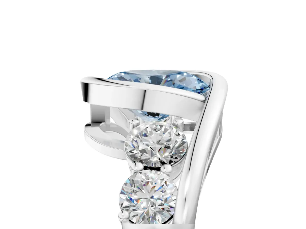 Fancy Blue Bezel Set Oval Cut Diamond Bypass Ring with Round Accents Silver