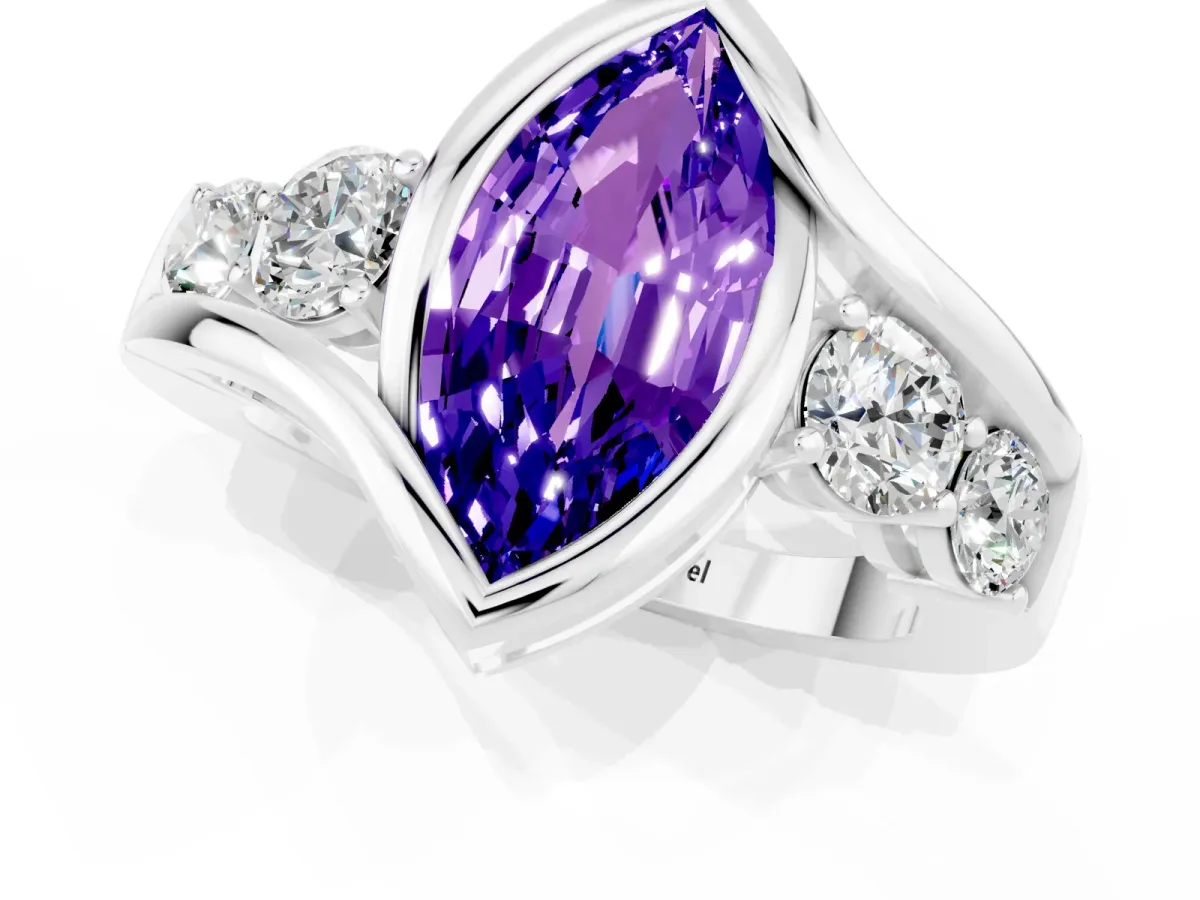 Bezel Set Marquise Cut Tanzanite Bypass Ring with Round Accents Silver