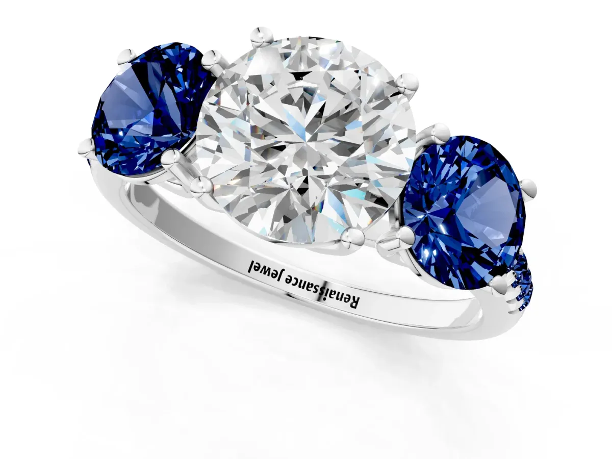 Three-Stone Round Cut Diamond Ring with Round Blue Sapphire Pavé Band and Prong Setting Silver