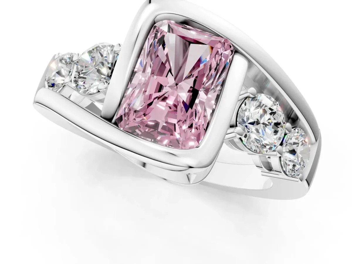 Fancy Pink Bezel Set Radiant Cut Diamond Bypass Ring with Round Accents Silver