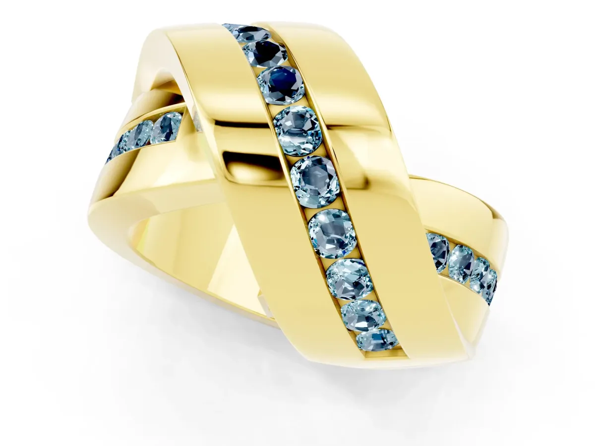 Pavé Round Aquamarine Crossover Band with Channel Setting Yellow gold