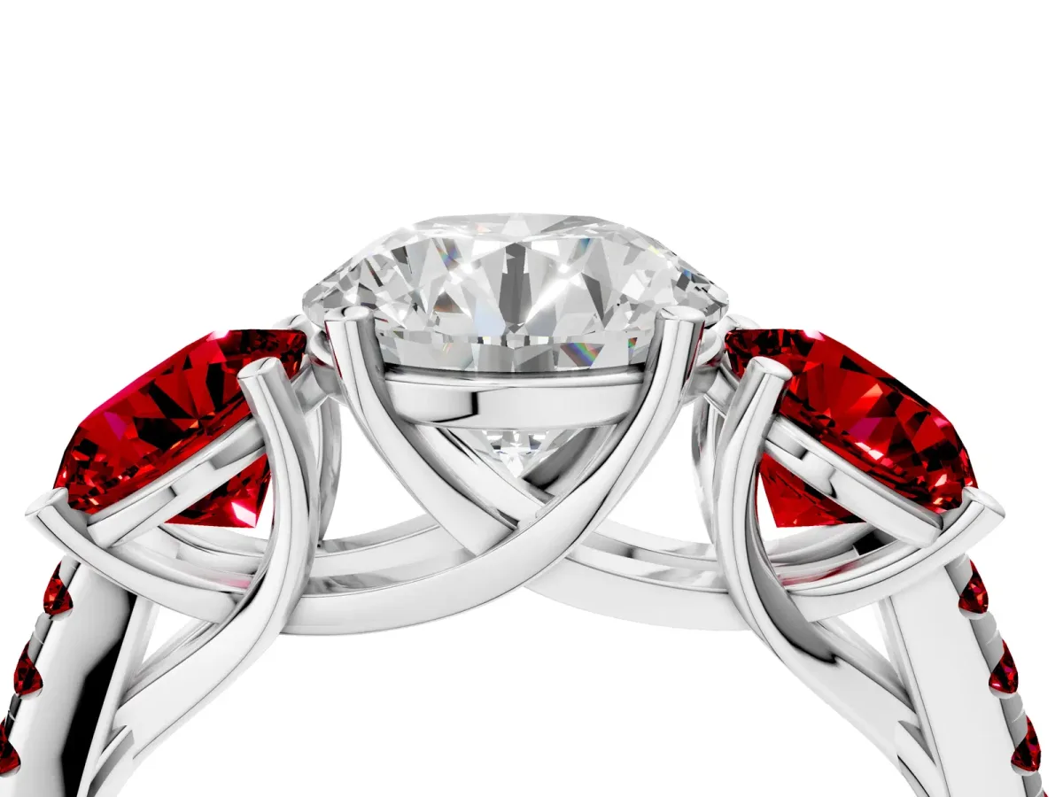 Three-Stone Round Cut Diamond Ring with Round Ruby Pavé Band and Prong Setting Silver
