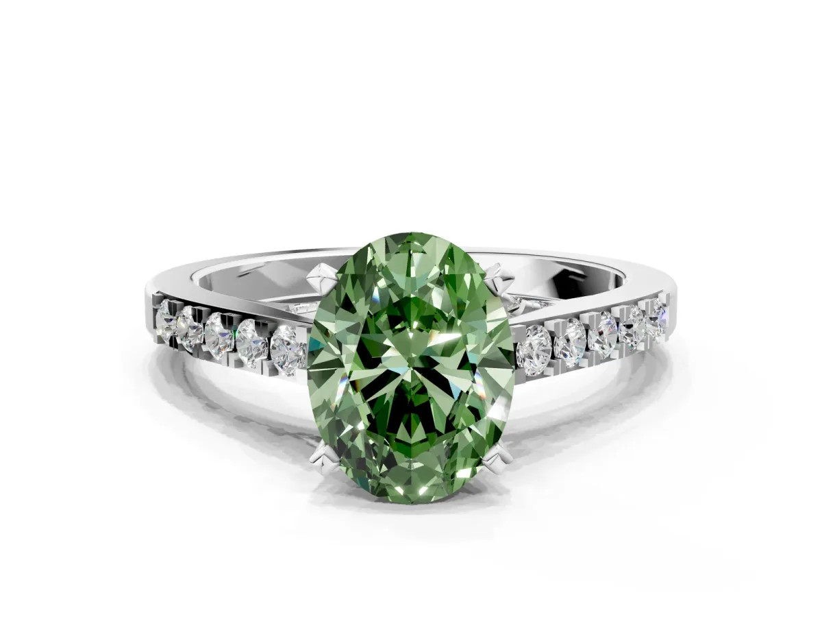 Fancy Green Oval Cut Diamond Solitaire Ring with Crossover Gallery and Round Pavé Band Silver