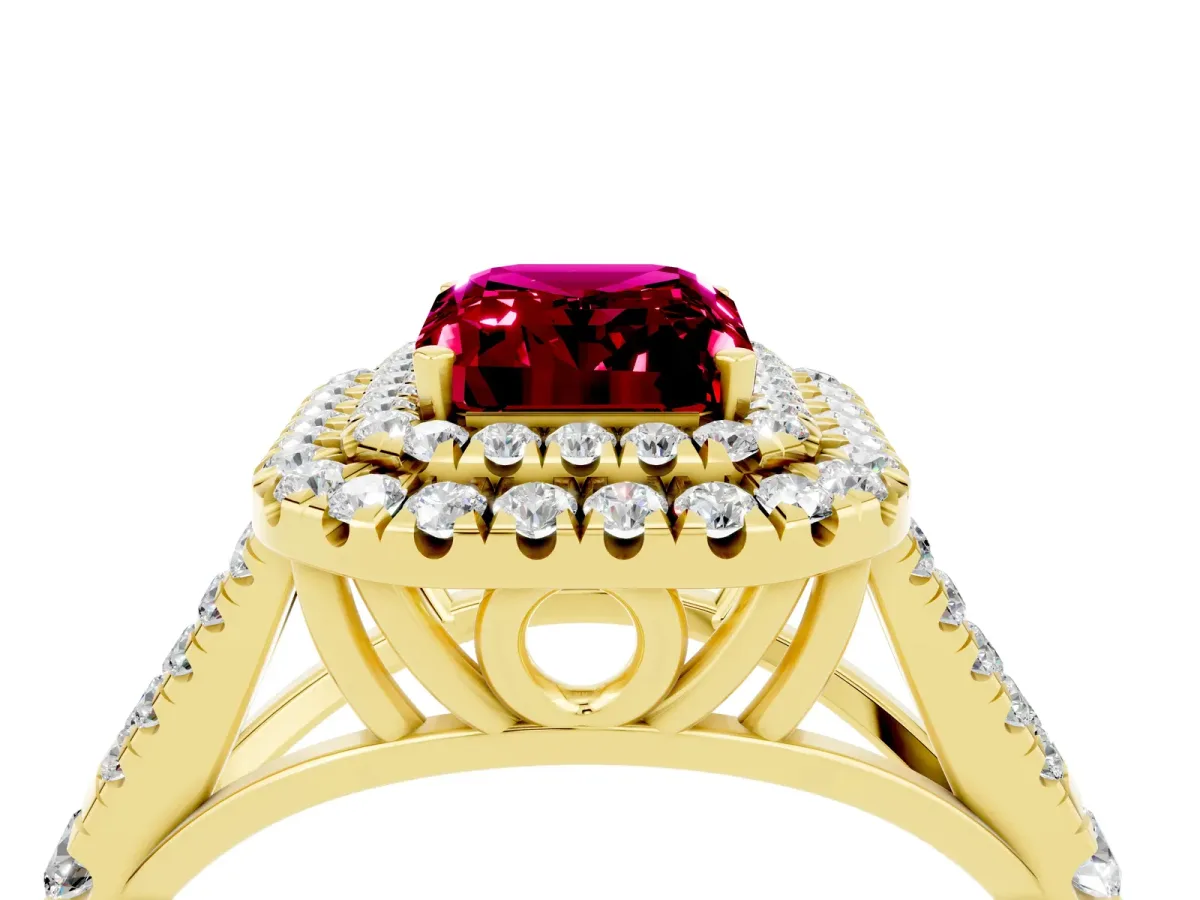 Double Halo Emerald Cut Garnet Split Shank Engagement Ring with Four-Prong Setting Yellow gold