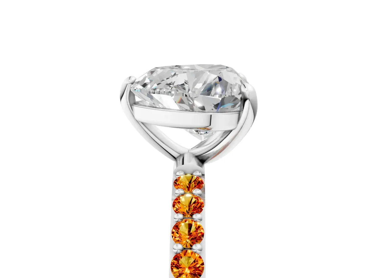 Heart Cut Diamond Solitaire Ring with Round Citrine Pavé Band and Prong Setting Silver
