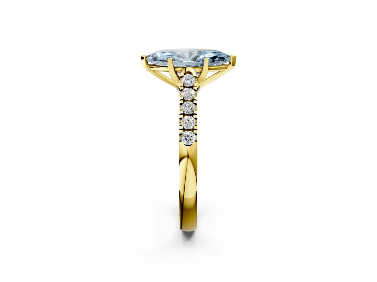 Fancy Blue Marquise Cut Diamond Pavé Band Solitaire Ring with Prong Setting Yellow gold