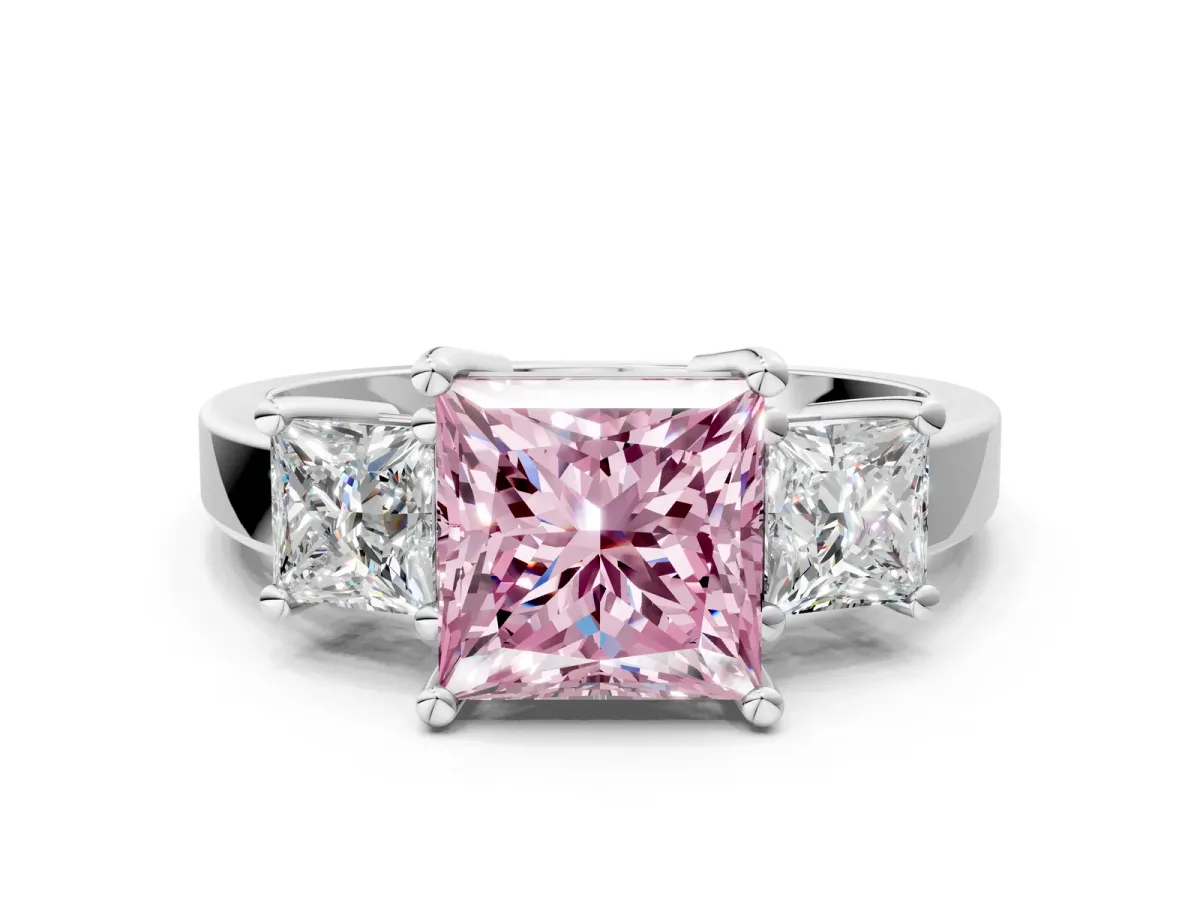 Fancy Pink Three-Stone Princess Cut Cut Solitaire Ring with Prong Setting Platinum