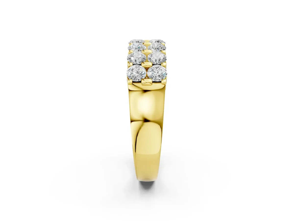 Three-Row Round Diamond Channel Band with Shared Prong Setting Yellow gold