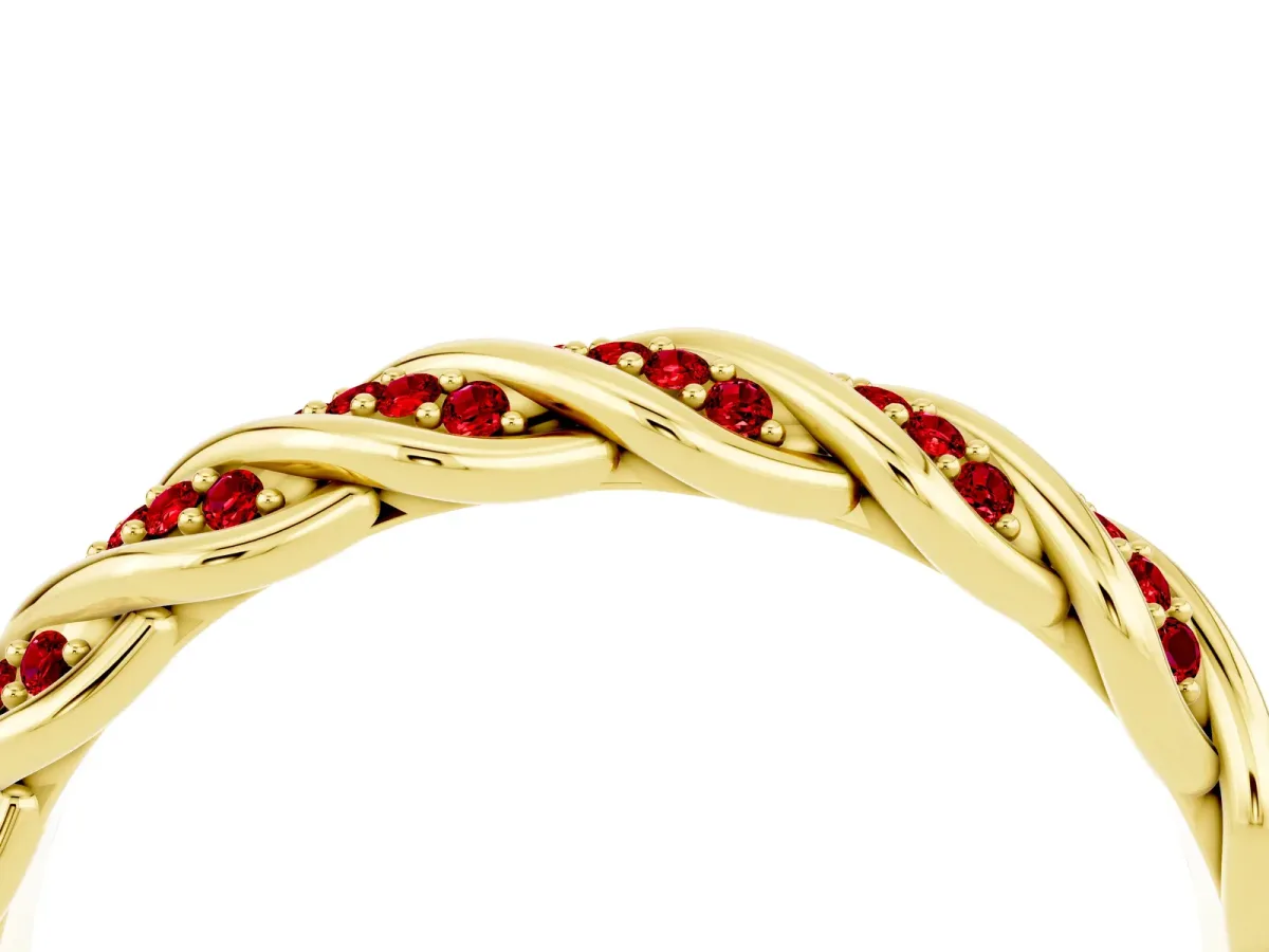 Twisted Pavé Round Ruby Eternity Band with Shared Prong Setting Yellow gold