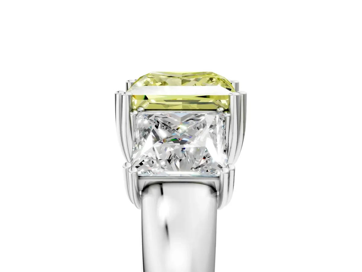 Fancy Yellow Three-Stone Princess Cut Cut Diamond Ring with Channel Set Band and Four-Prong Setting Silver