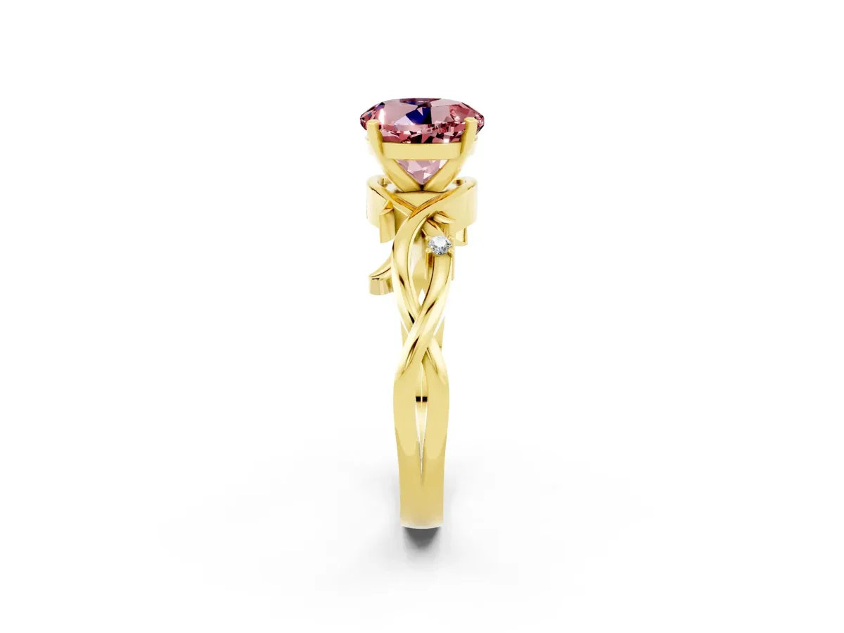 Round Cut Morganite Solitaire Ring with Twisted Band and Prong Setting Yellow gold