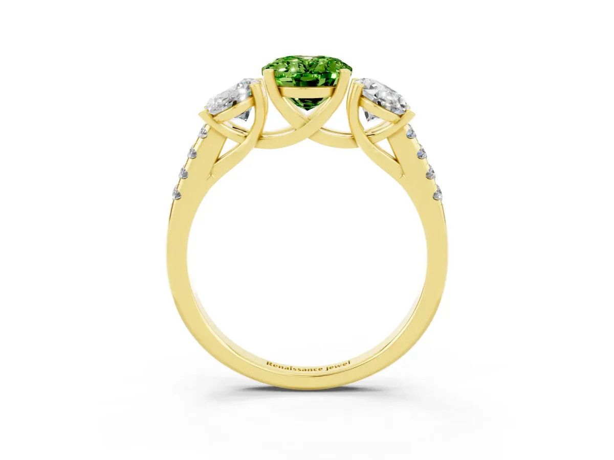 Three-Stone Oval Cut Peridot Ring with Round Pavé Band and Prong Setting Yellow gold