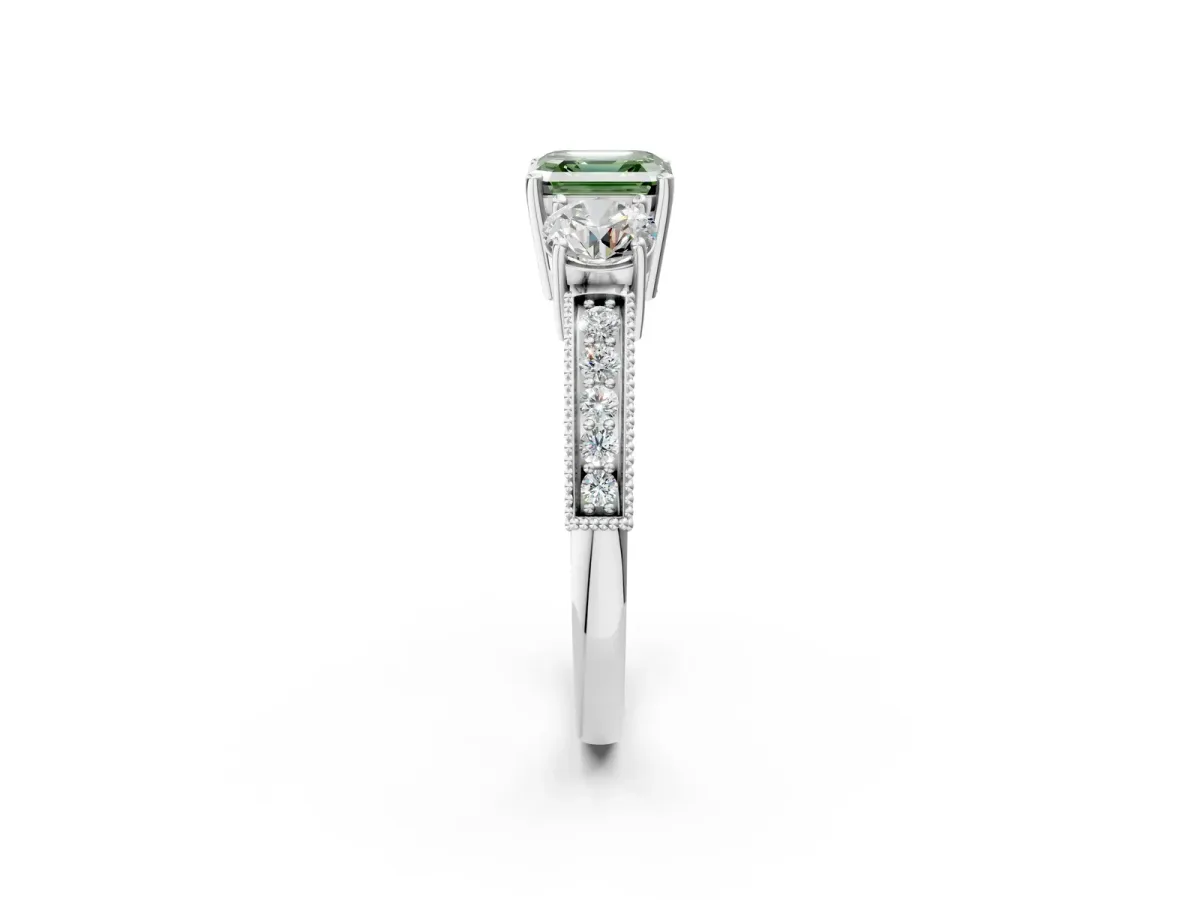 Fancy Green Asscher Cut Three-Stone Diamond Ring with Pavé Band and Four-Prong Setting Platinum