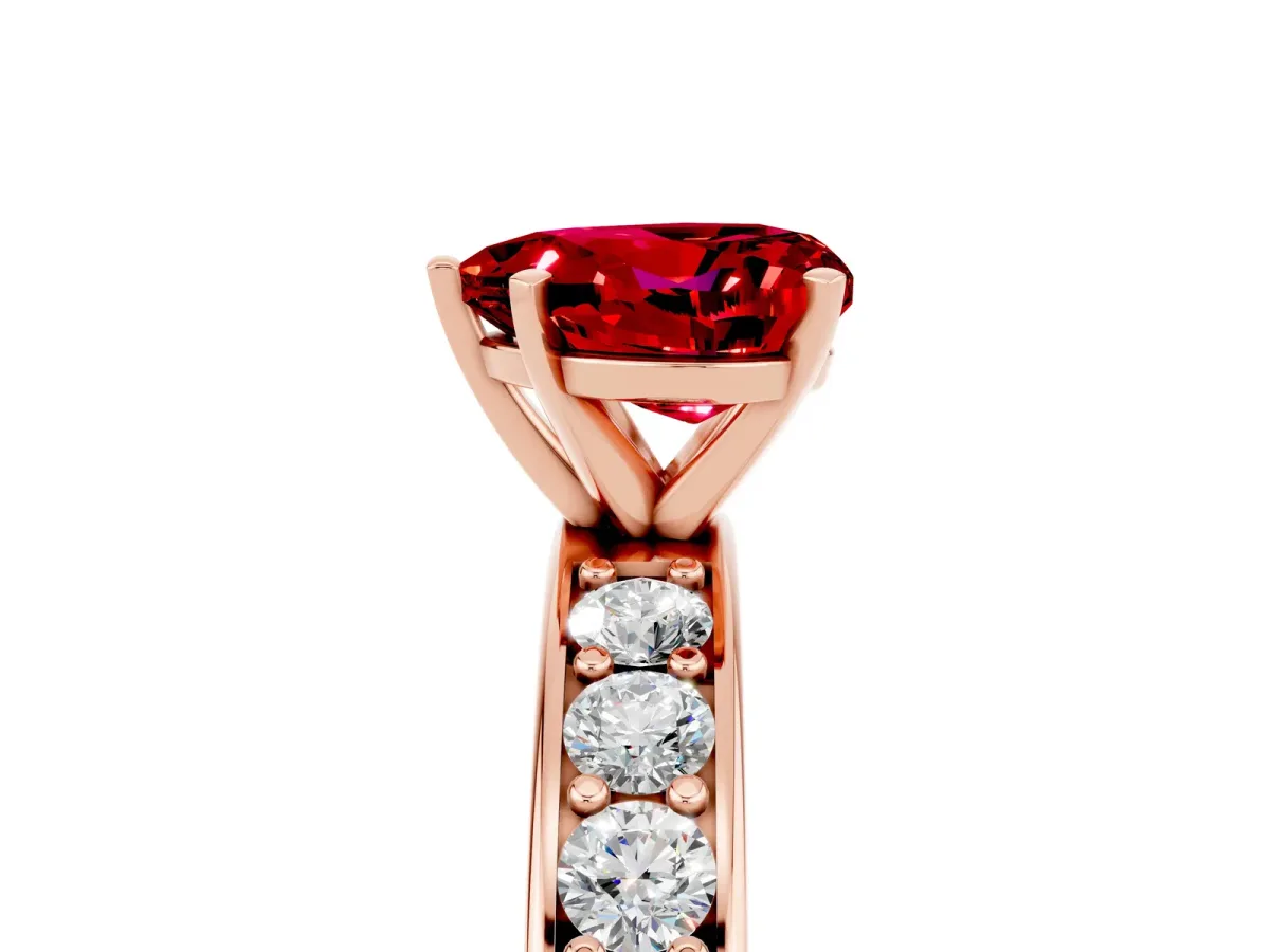 Heart Cut Ruby Engagement Ring with Channel Set Round Band and Prong Setting Rose gold
