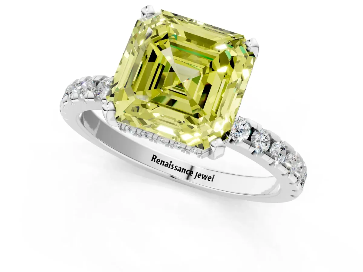 Fancy Yellow Asscher Cut Diamond Solitaire Ring with Round Pavé Band and Four-Prong Setting Silver