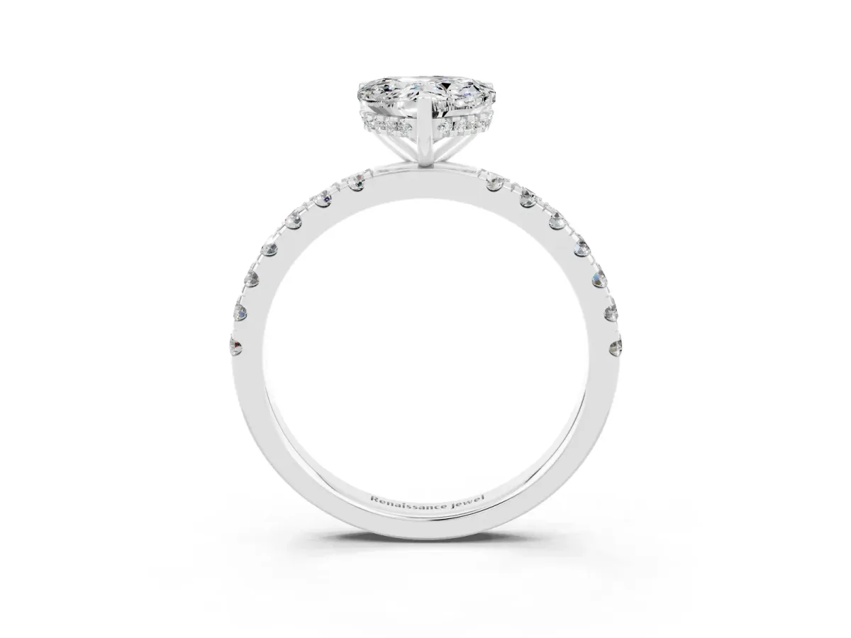 Heart Cut Moissanite Pave Band Solitaire Ring with Round and Prong Setting Silver