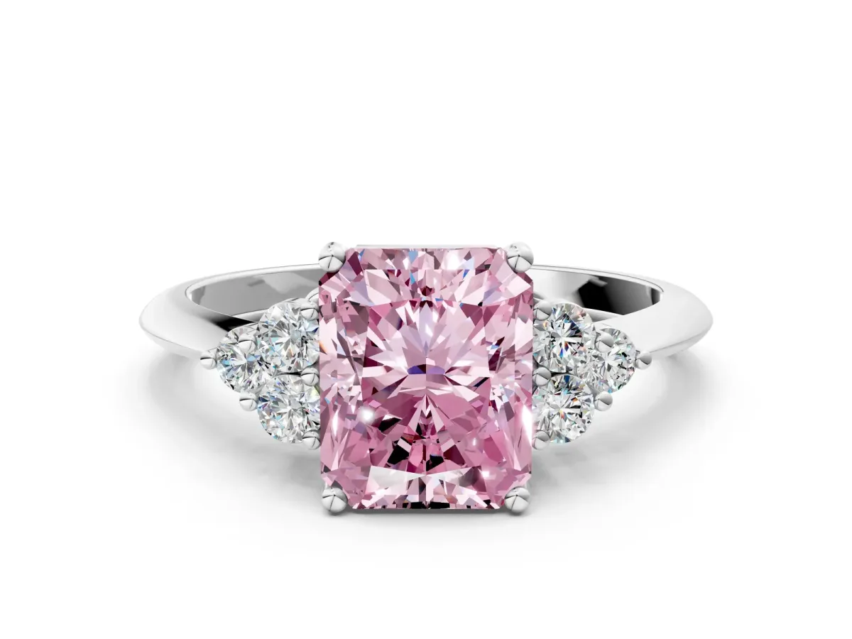 Fancy Pink Radiant Cut Cut Diamond Cluster Ring with Solitaire Band and Four-Prong Setting Platinum