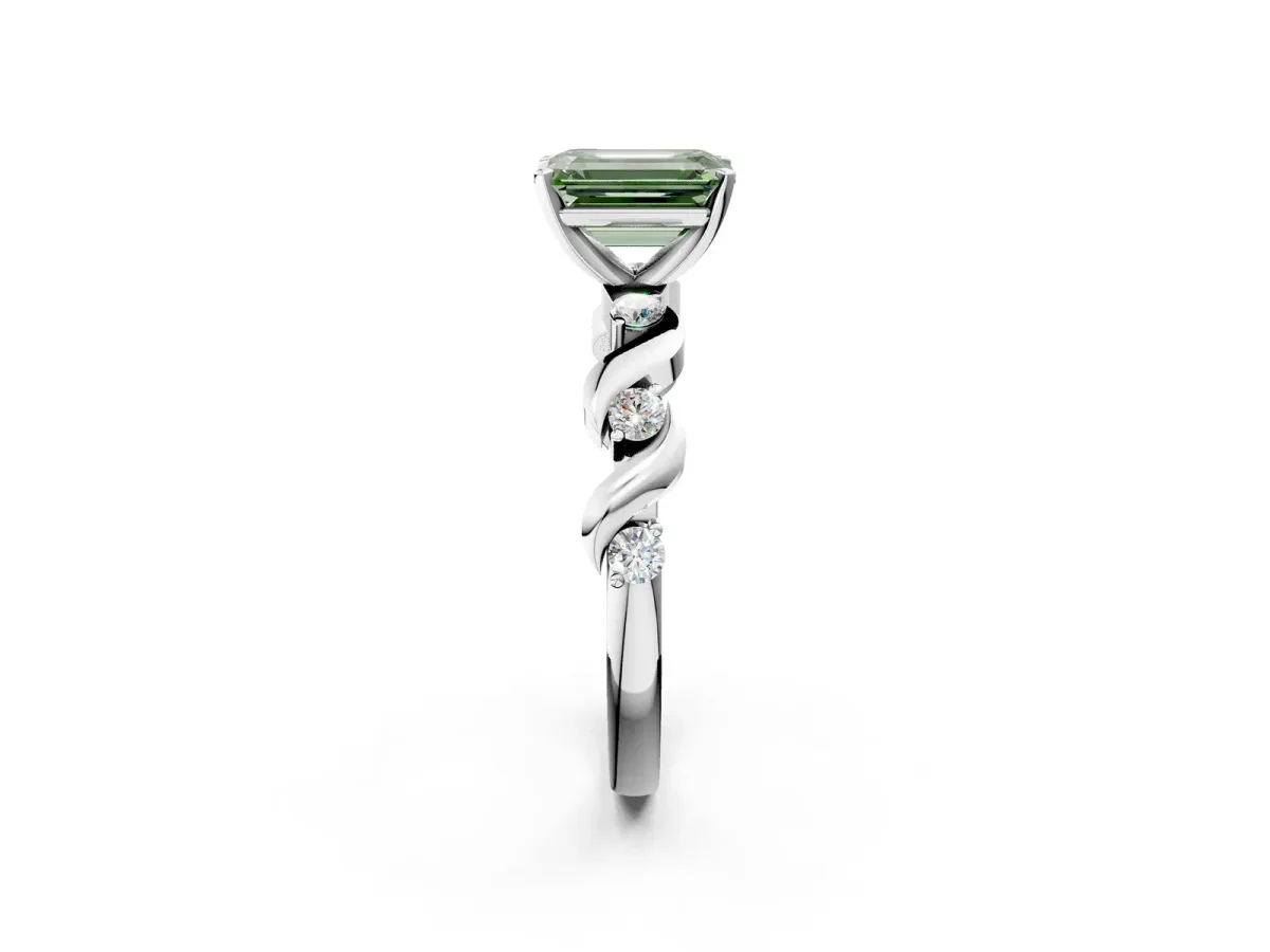 Fancy Green Emerald Cut Diamond Solitaire Twisted Band with Round Accents and Prong Setting Silver