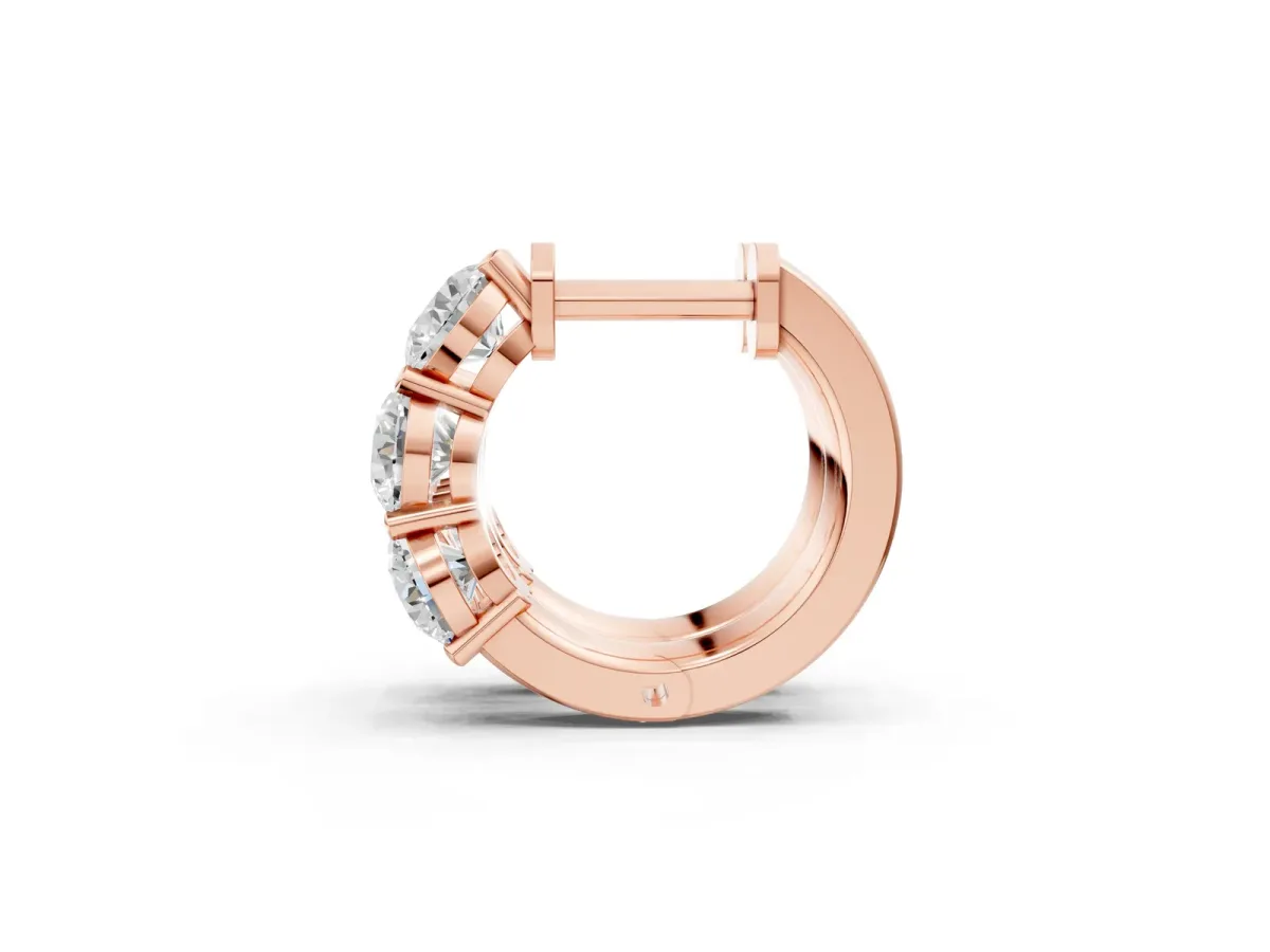 Triple Round Diamond Huggie Earrings with Prong Setting Rose gold