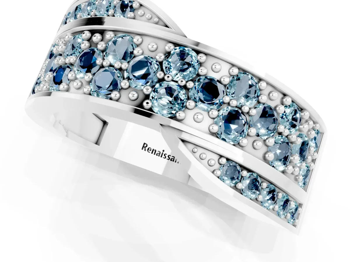 Pavé Round Aquamarine Crossover Band with Bead Prong Setting Platinum