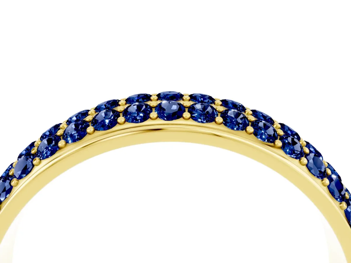 Three-Row Round Blue Sapphire Eternity Band with Shared Prong Setting Yellow gold