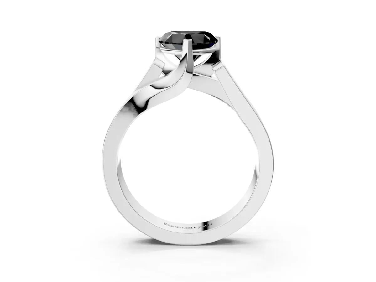 Fancy Black Modern Tension Set Heart Cut Diamond Solitaire Wide Band Ring Silver