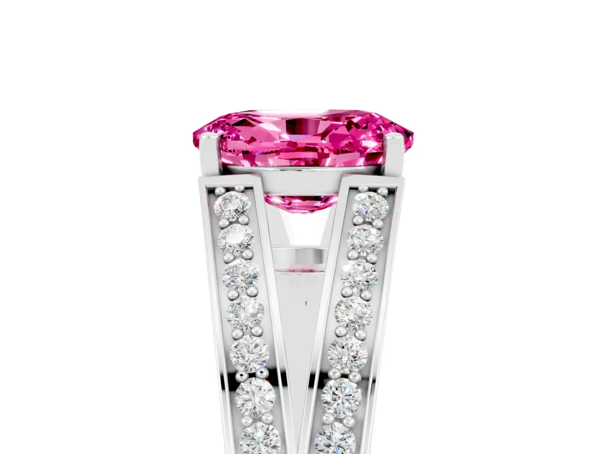 Oval Cut Pink Sapphire Split Shank Ring with Pavé Band and Four-Prong Setting White gold