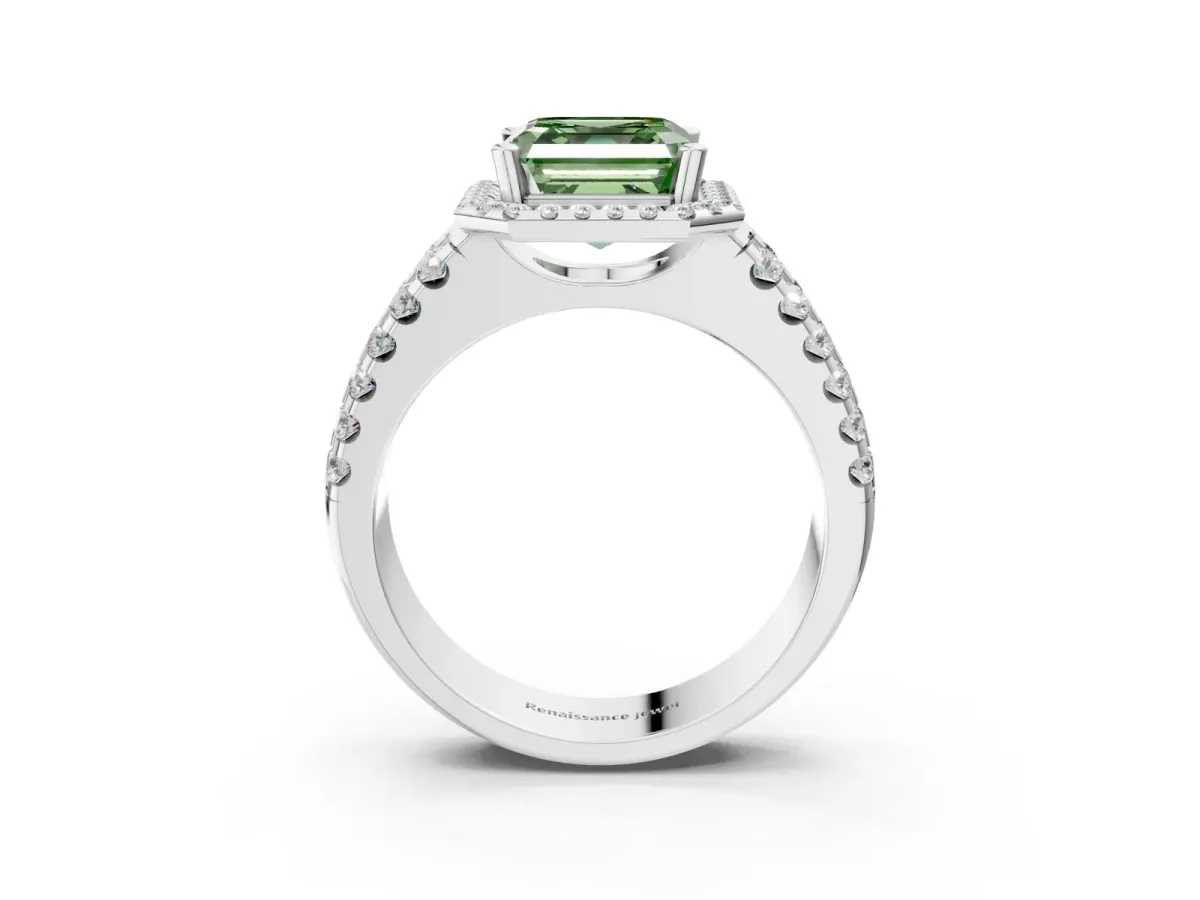 Fancy Green Asscher Cut Halo Diamond Split Shank Engagement Ring with Prong Setting Platinum