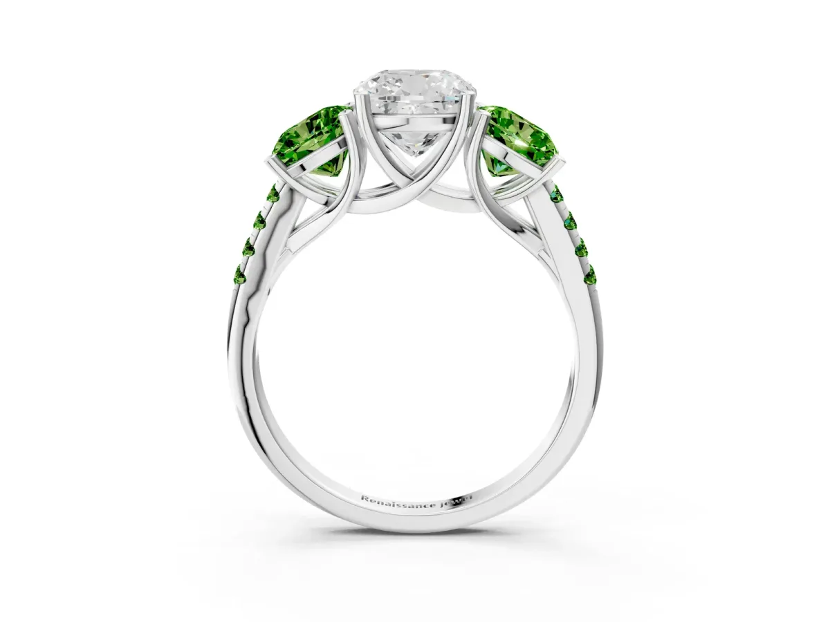 Three-Stone Cushion Cut Diamond Ring with Round Peridot Pavé Band and Prong Setting Silver