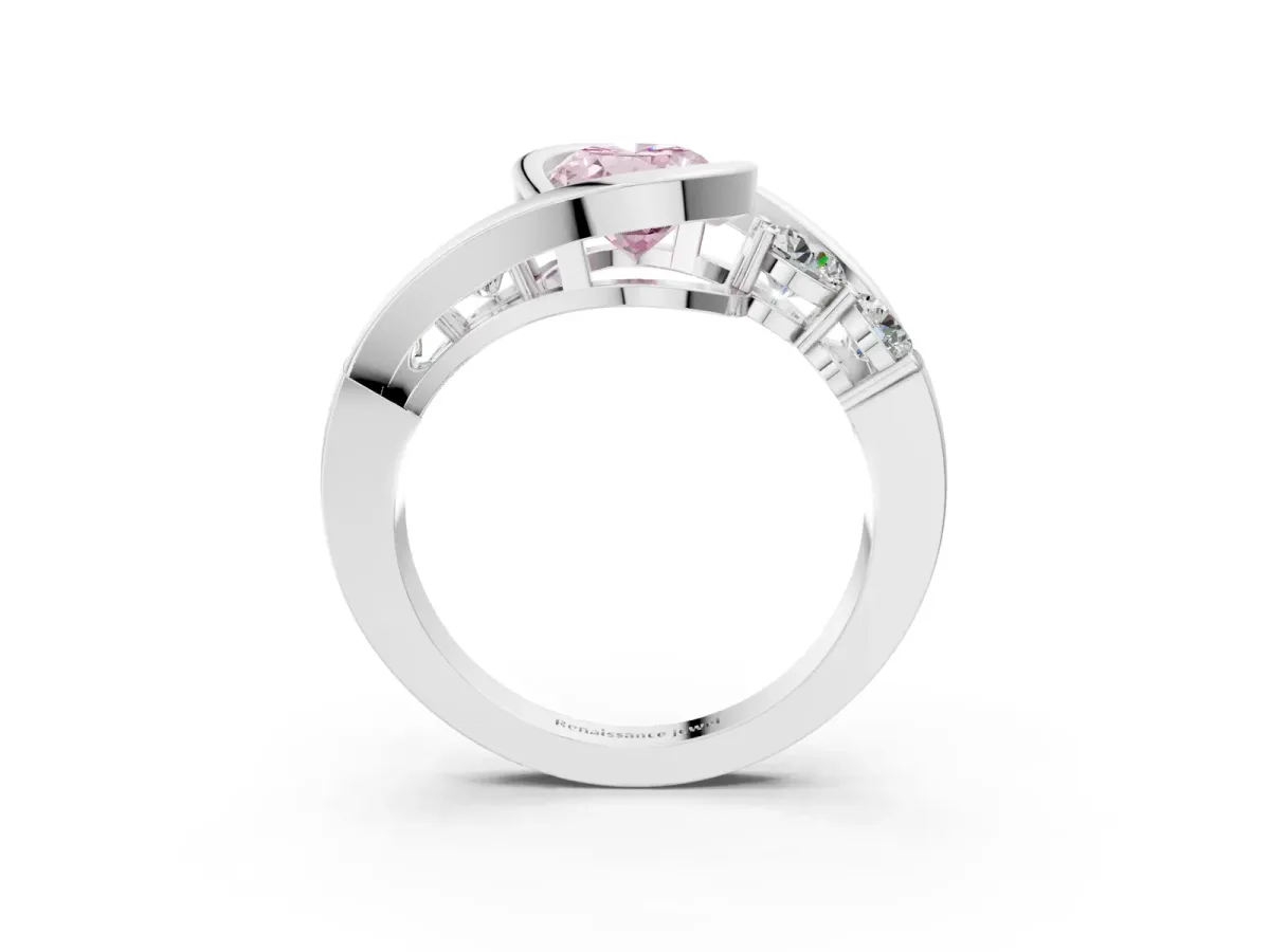 Fancy Pink Bezel Set Oval Cut Diamond Bypass Ring with Round Accents Platinum